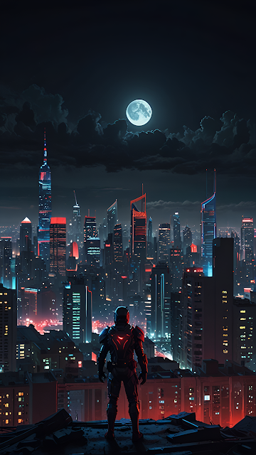 Cyberpunk Vigilante Over Neon Cityscape Under Full Moon - Free mobile Wallpaper