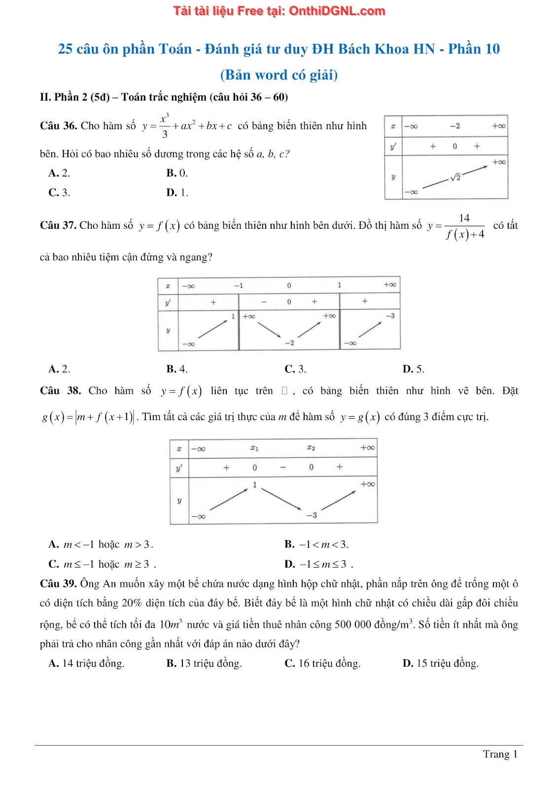 475 bài tập môn Toán - Ôn thi ĐGTD ĐH Bách Khoa Hà Nội Phần 10