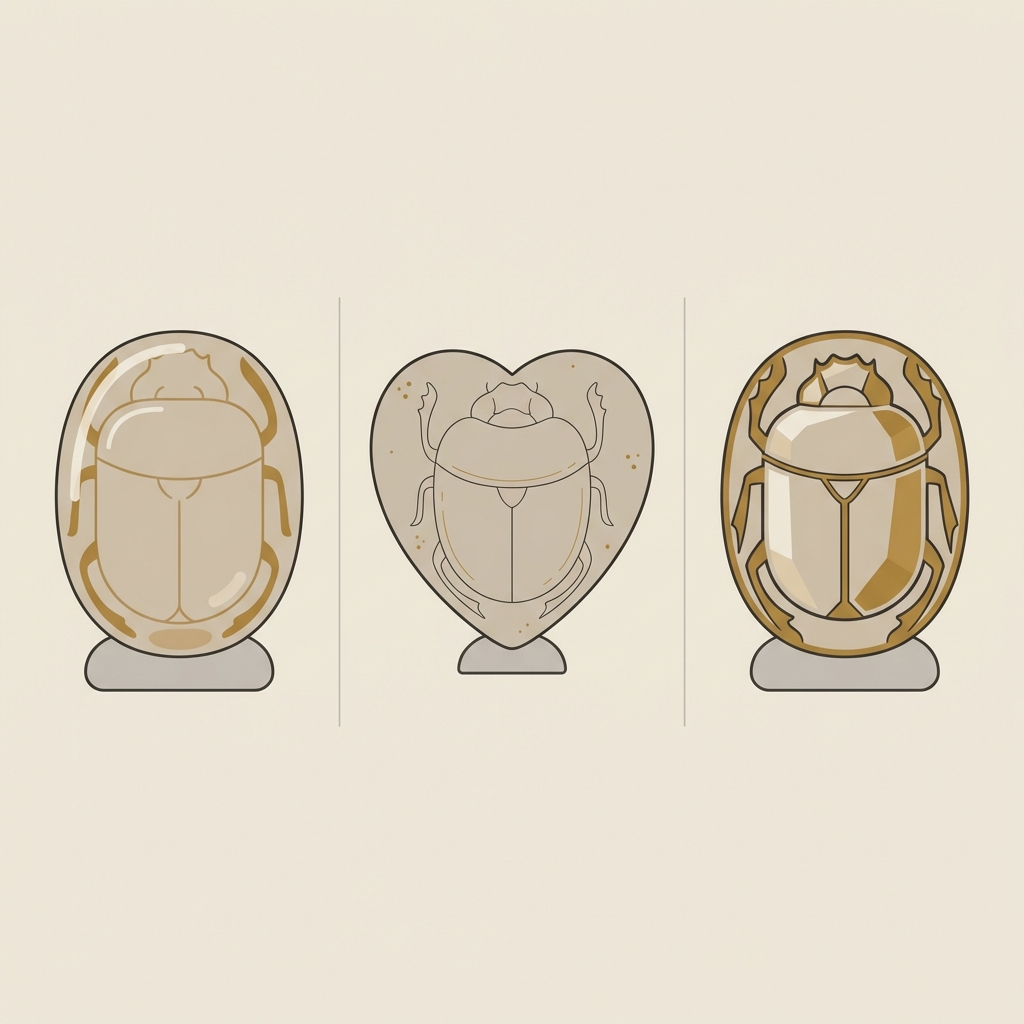 Minimal 2D vector comparison of three scarabs side by side showing glazed steatite flat back heart scarab and hardstone intaglio in Aurora Antiqua palette antique scarab ring
