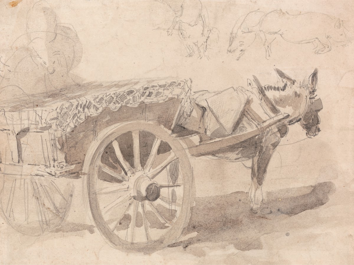 A Mule or Donkey Harnessed to a Farm Cart with Other Sketches at Top Executed at