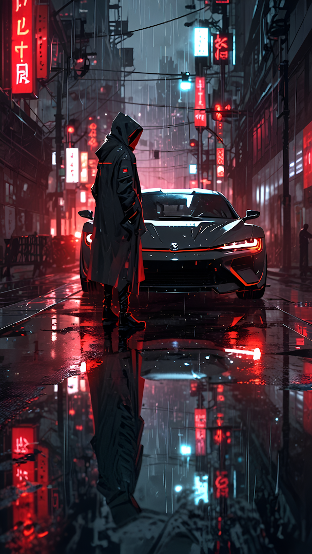 Hooded Figure Beside Futuristic Car in Rainy Cyberpunk Alley