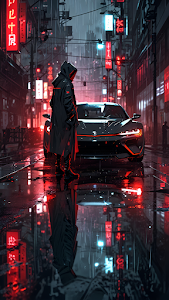 Hooded Figure Beside Futuristic Car in Rainy Cyberpunk Alley