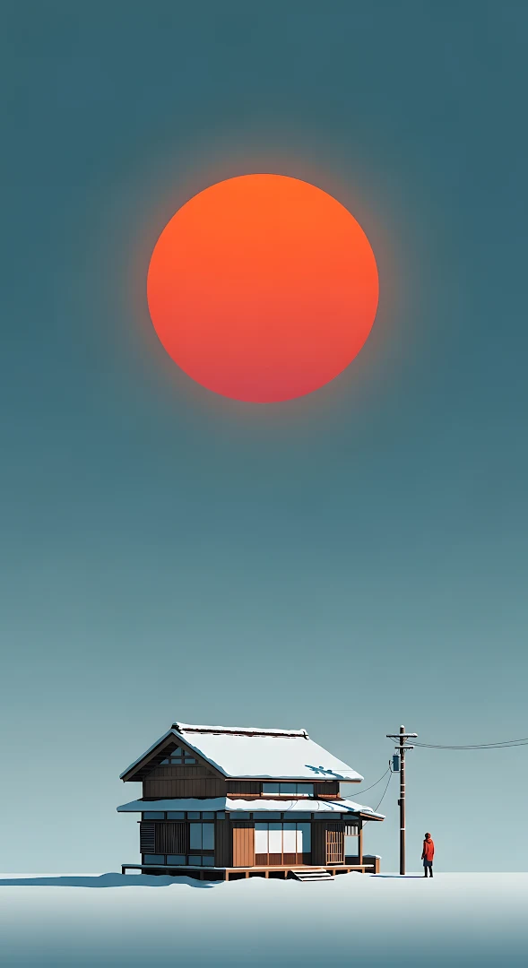 Minimalist Japanese Winter House Giant Orange Sun