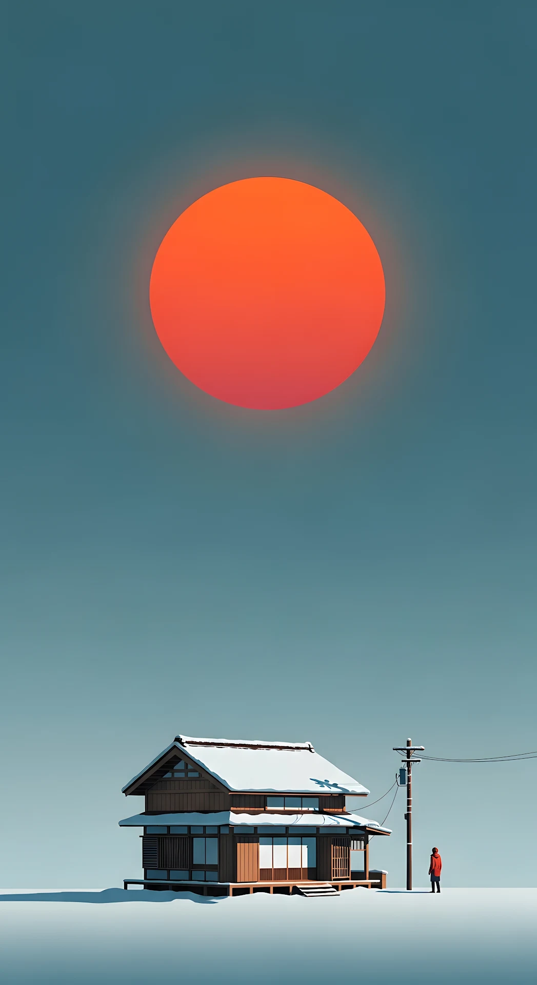 Minimalist Japanese Winter House Giant Orange Sun - Free 4K mobile Wallpaper
