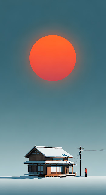 Minimalist Japanese Winter House Giant Orange Sun - Free mobile Wallpaper