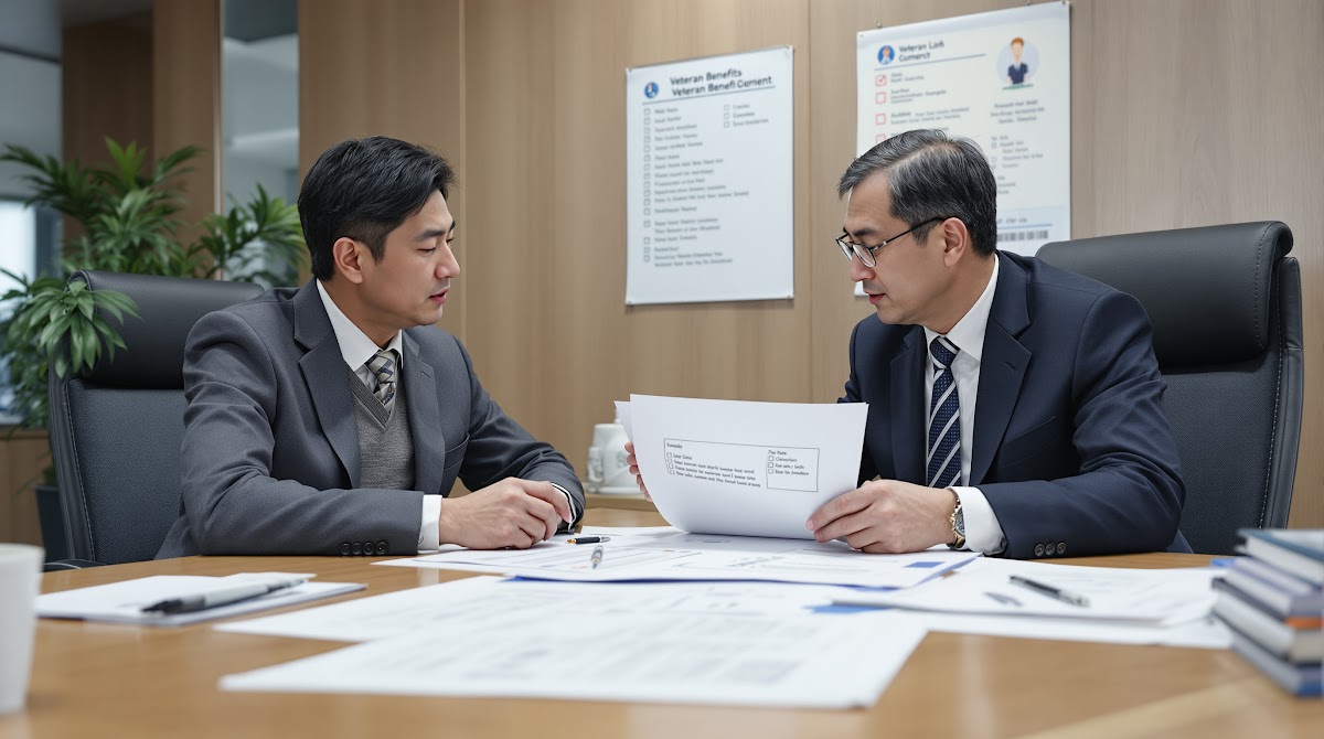 보훈심사 변호사 추천  변호사 상담을 받고 있는 보훈심사 신청인과 변호사. 상담실 한 켠에 체크리스트가 프린트되어 있고, 변호사가 실제 사건 판결문과 의료기록을 펼쳐 보이며 핵심 항목을 설명함. 투명한 상담과 신뢰 형성이 강
