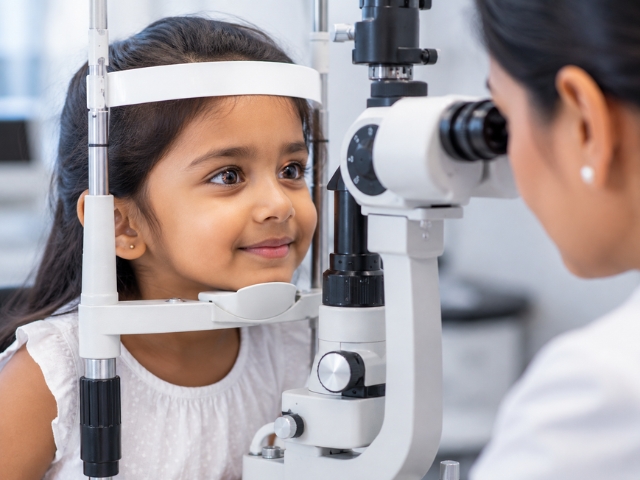 Child having a gentle eye examination at Dayal Eye Centre
