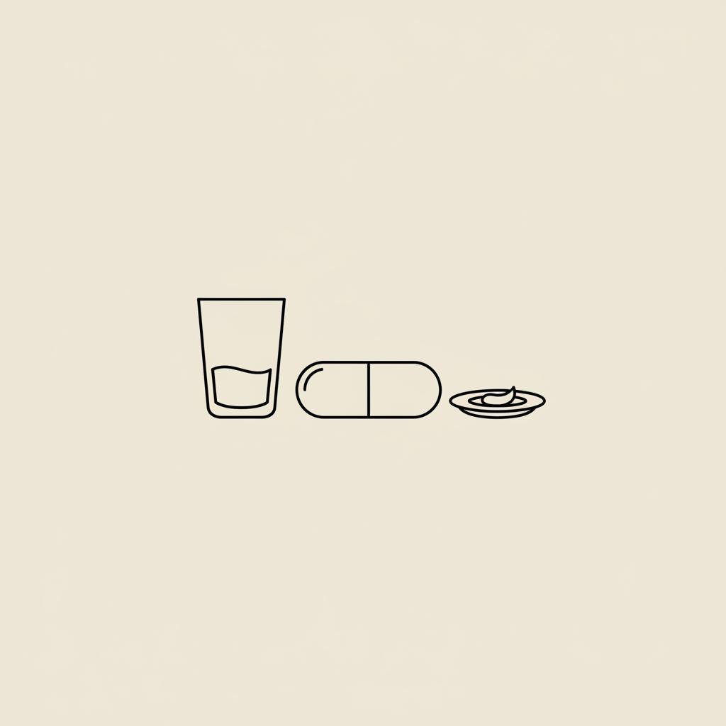 Minimalist Tonum-style line illustration of a capsule, small-portion plate and water glass on beige background — How much weight can you lose on berberine?