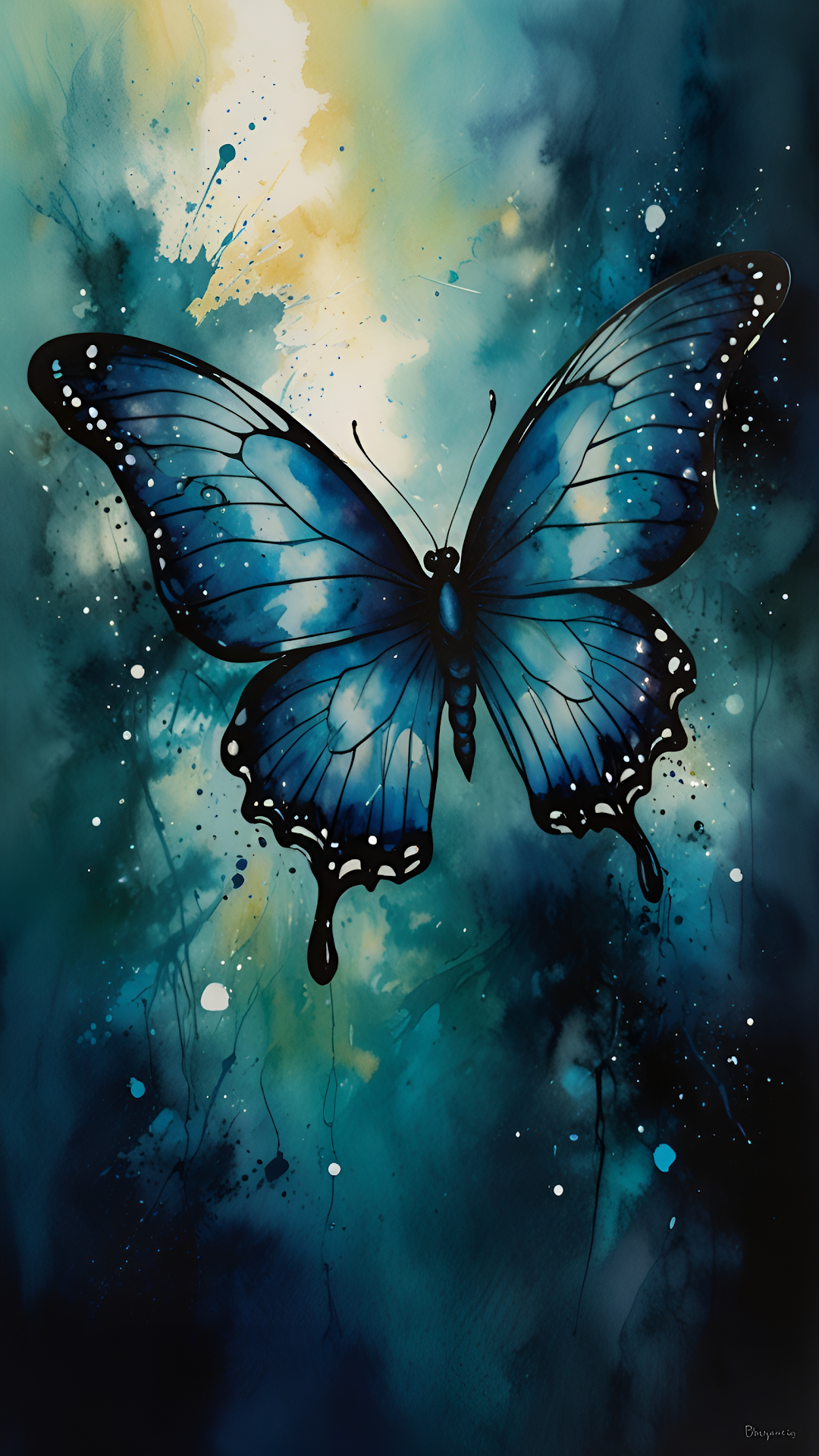 Vibrant Blue Butterfly Watercolor Splatter Art Teal Yellow - Free 4K mobile Wallpaper