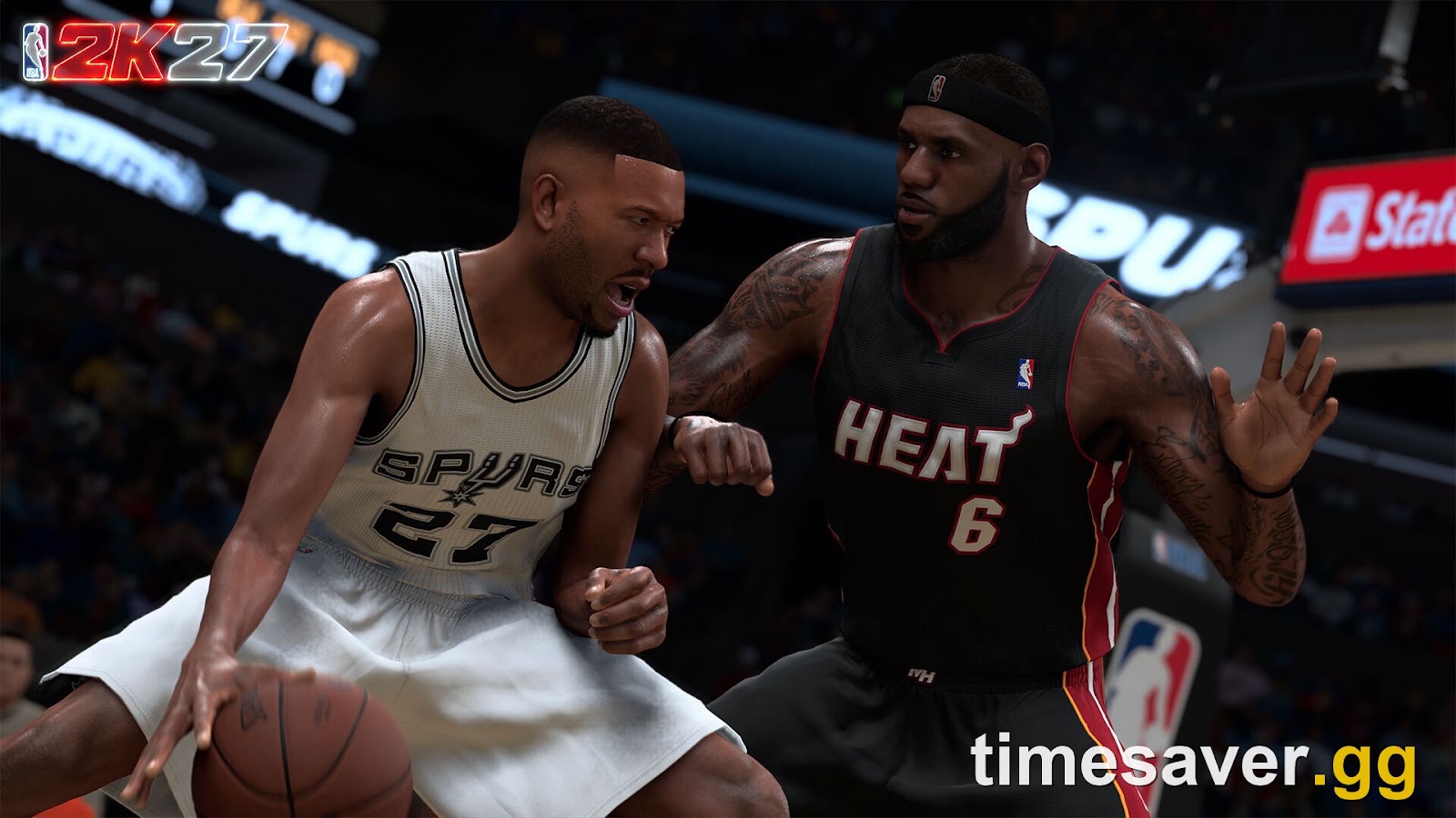 NBA 2K27 one-on-one gameplay — a defender in hands-up coverage, the kind of on-court action that triggers Fuse and Reaction badges