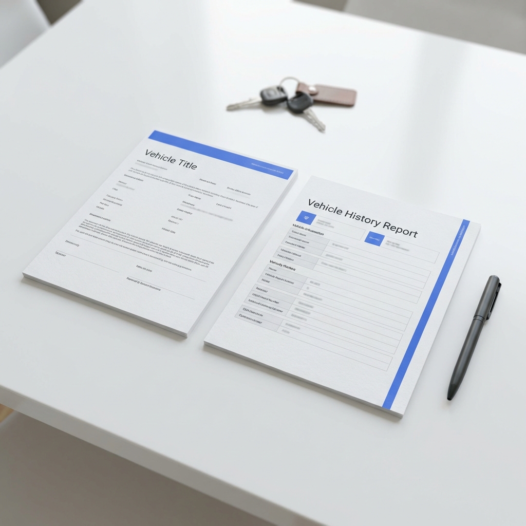 Close up of vehicle title document and printed vehicle history report on white table showing repo cars for sale with CarFax Deals blue accents