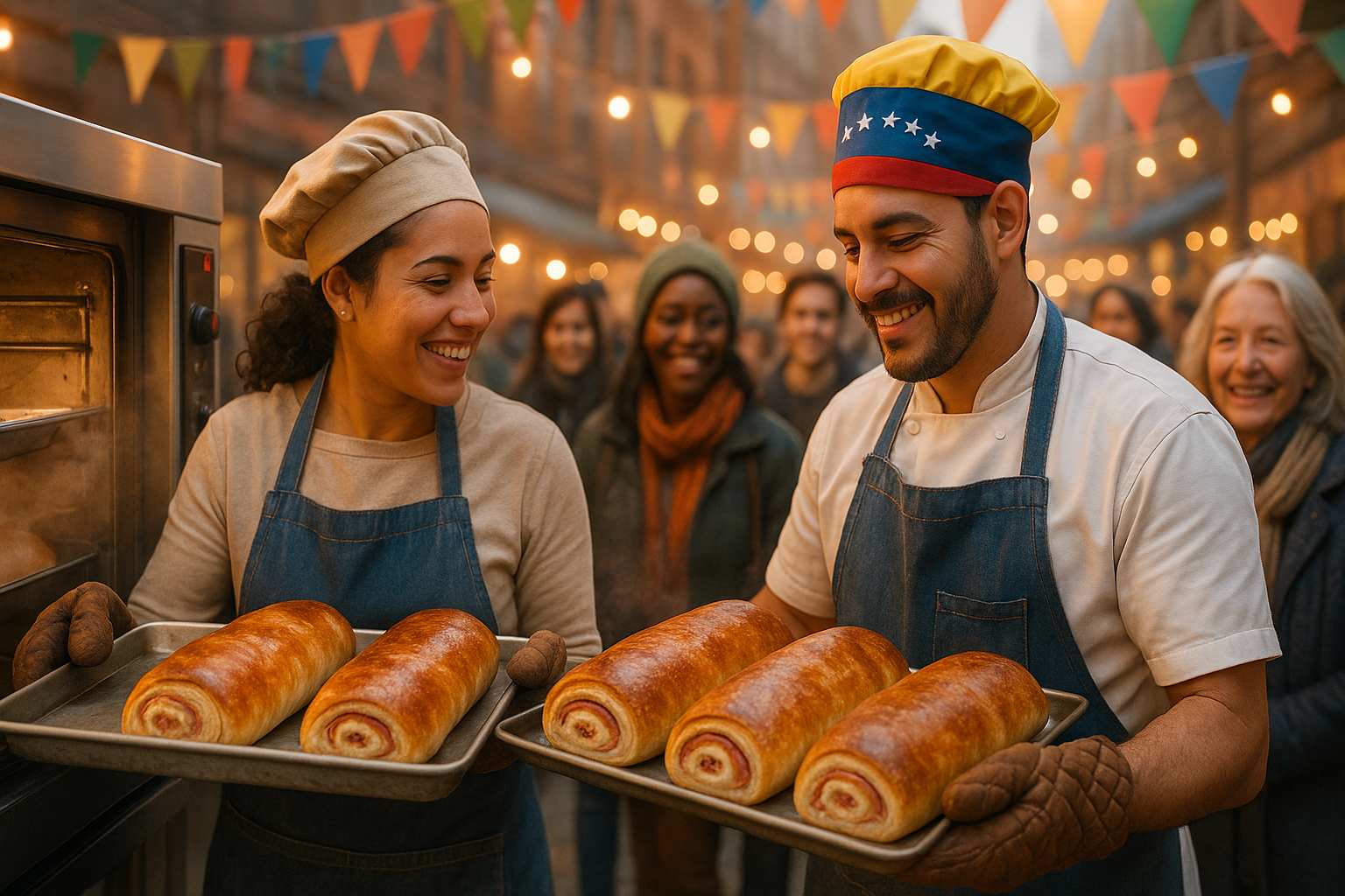 Panaderos venezolanos sacando pan de jamón en un mercado internacional cálido y luminoso