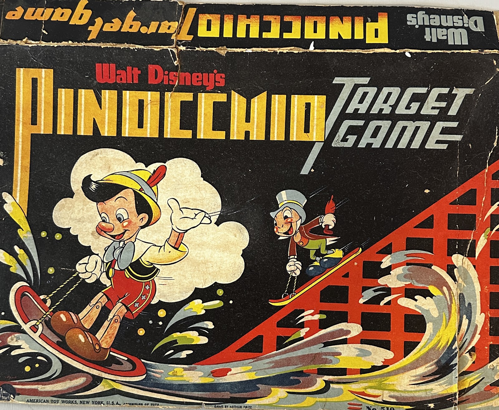 Walt Disney's Pinocchio Target Game by American Toy Works, c. 1940, with Pinocchio and Jiminy Cricket on Pleasure Island artwork