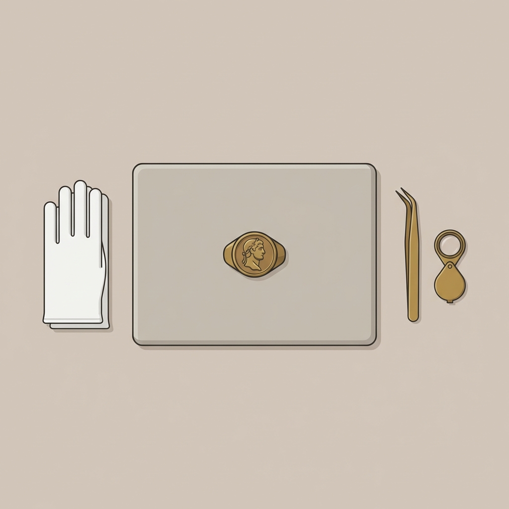 Minimalist 2D vector of a conservator workstation showing a roman gold coin ring on a soft pad beside folded gloves and tweezers on a pale beige background