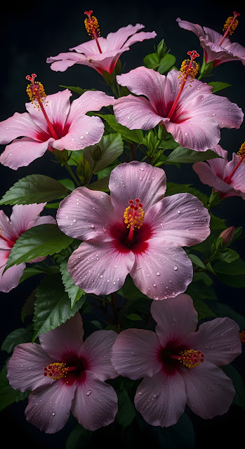 Dew Covered Pink Hibiscus Flowers on Dark Background - Free mobile Wallpaper