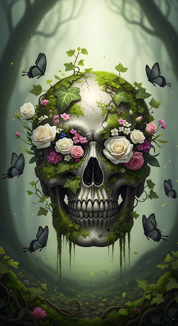 Ethereal Skull Adorned with Roses and Ivy in a Misty Forest - Free mobile Wallpaper