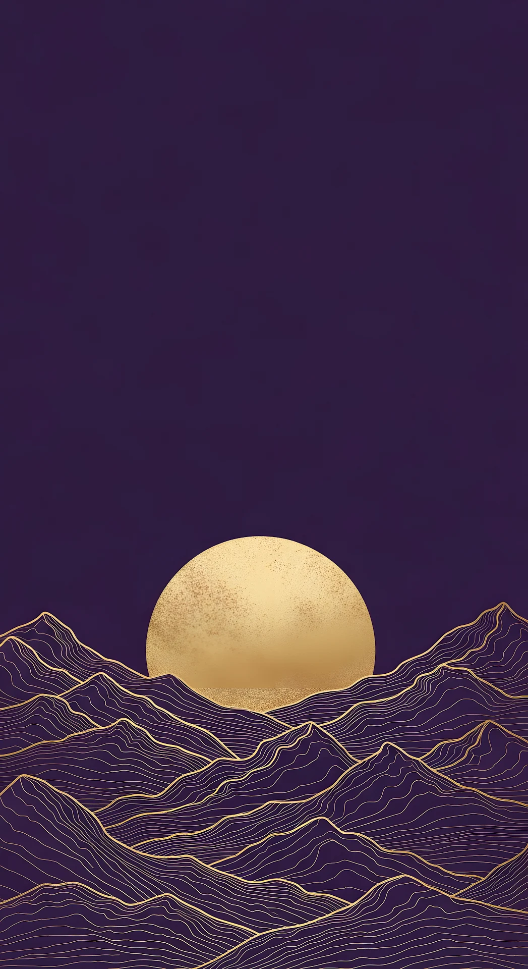 Abstract Gold Line Art Mountains and Textured Moon on a Deep Dark Purple Sky - Free 4K mobile Wallpaper