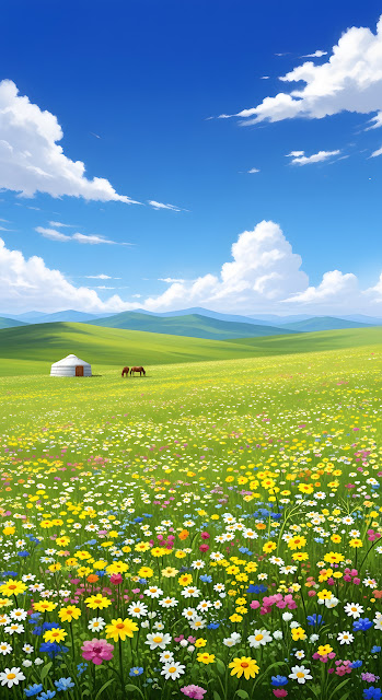Vibrant Steppe Wildflower Meadow Yurt Horses Scene - Free mobile Wallpaper