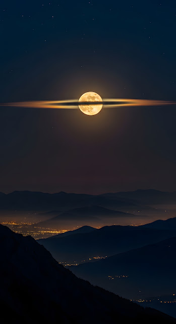 Supermoon Rising Over Mountain Range City Lights Night - Free mobile Wallpaper