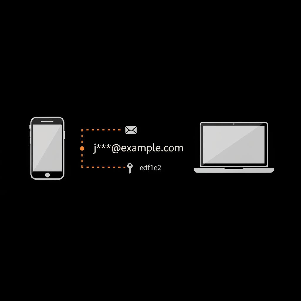 Minimal vector infographic of smartphone and laptop side-by-side with a dotted accent line to an obscured email j***@example.com on black background — find Gmail recovery email