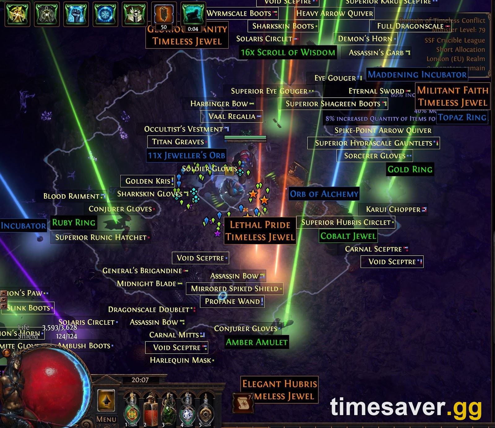 A Path of Exile Domain of Timeless Conflict loot explosion with Timeless Jewel drops on the ground