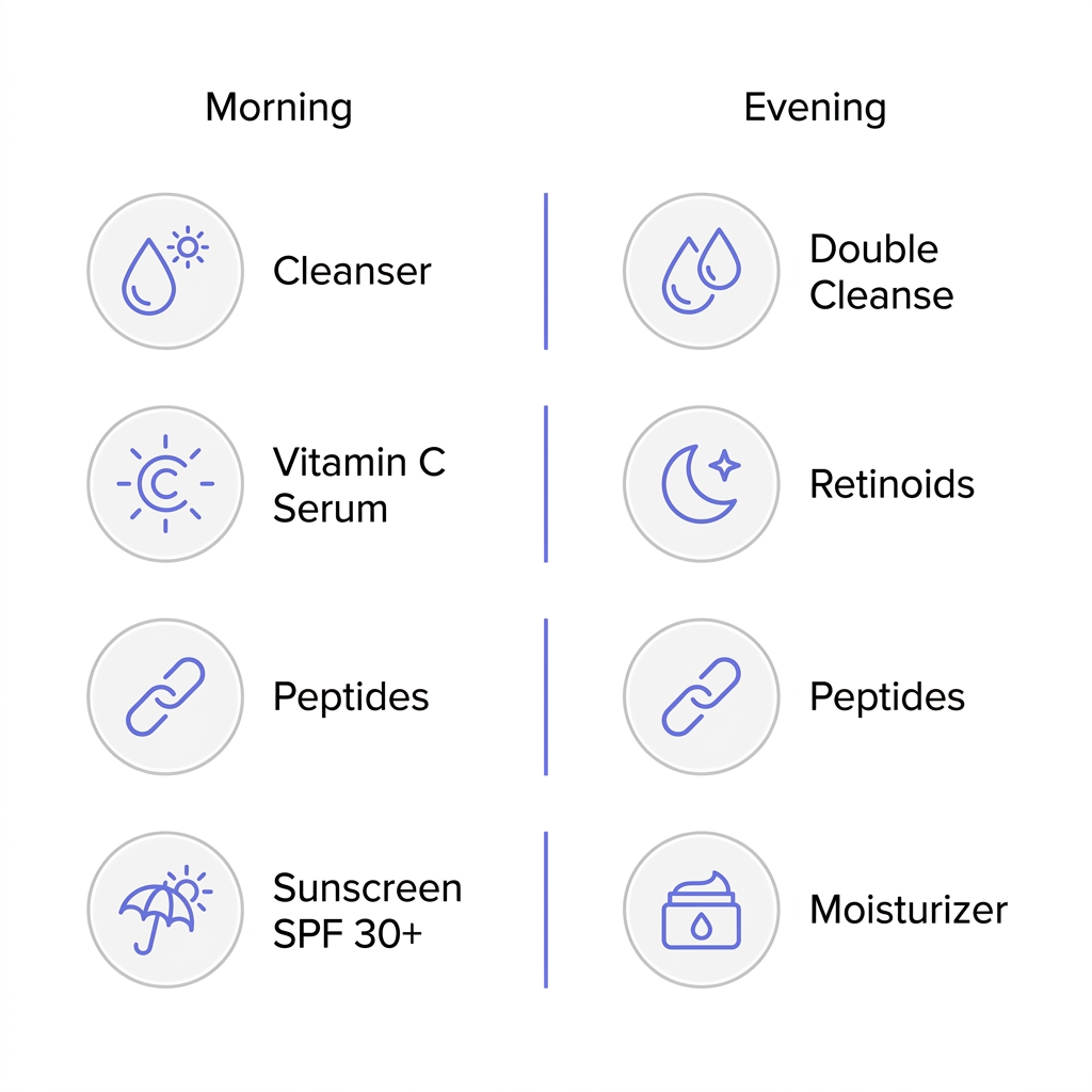 Minimalist dermatologist style full frame image showing morning and evening skincare steps with icons and labels for vitamin C peptides retinoids and sunscreen on white background