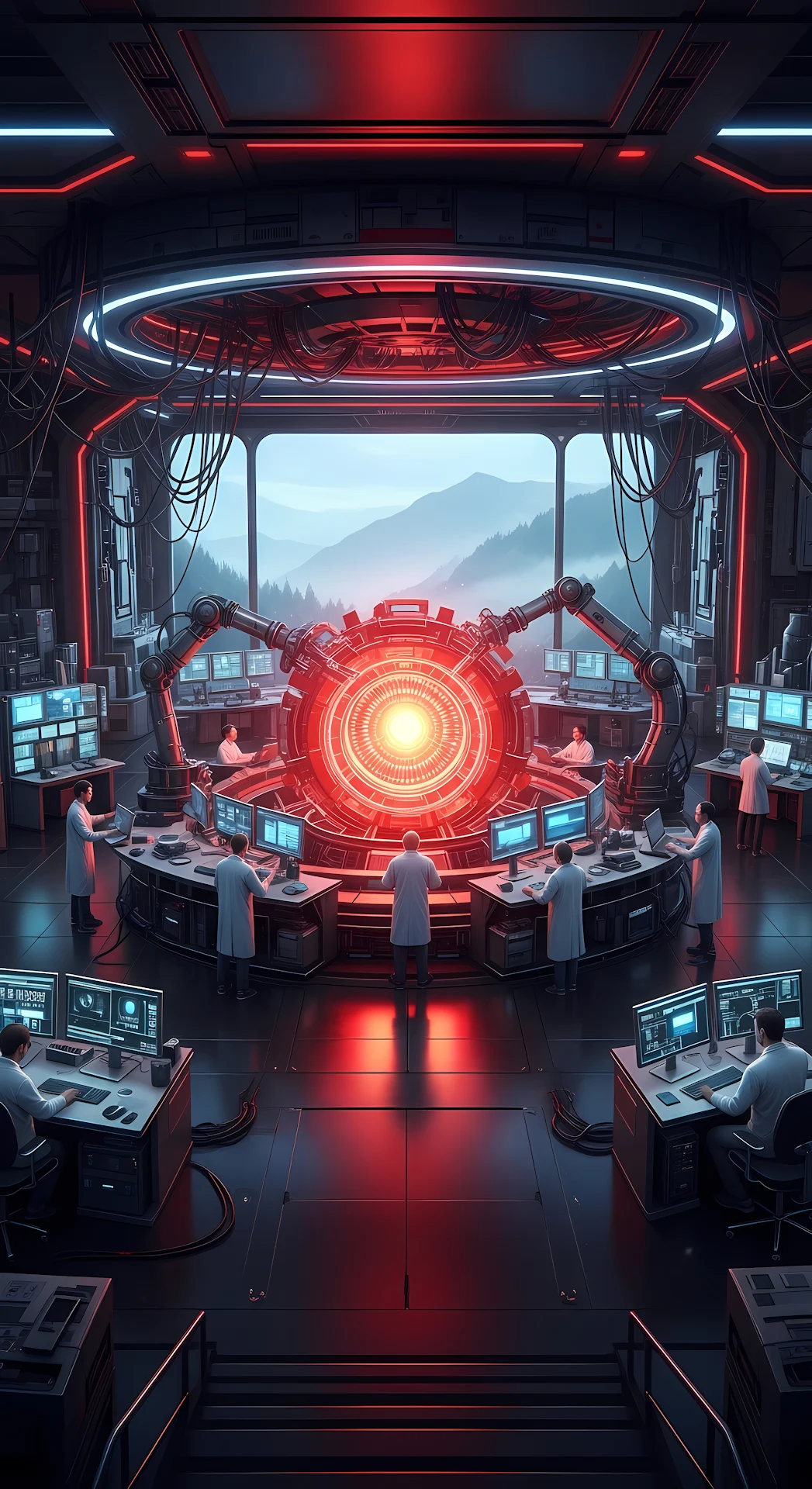 Futuristic Fusion Reactor Control Room with Mountain View - Free 4K mobile Wallpaper