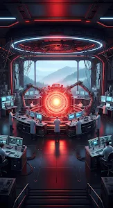Futuristic Fusion Reactor Control Room with Mountain View