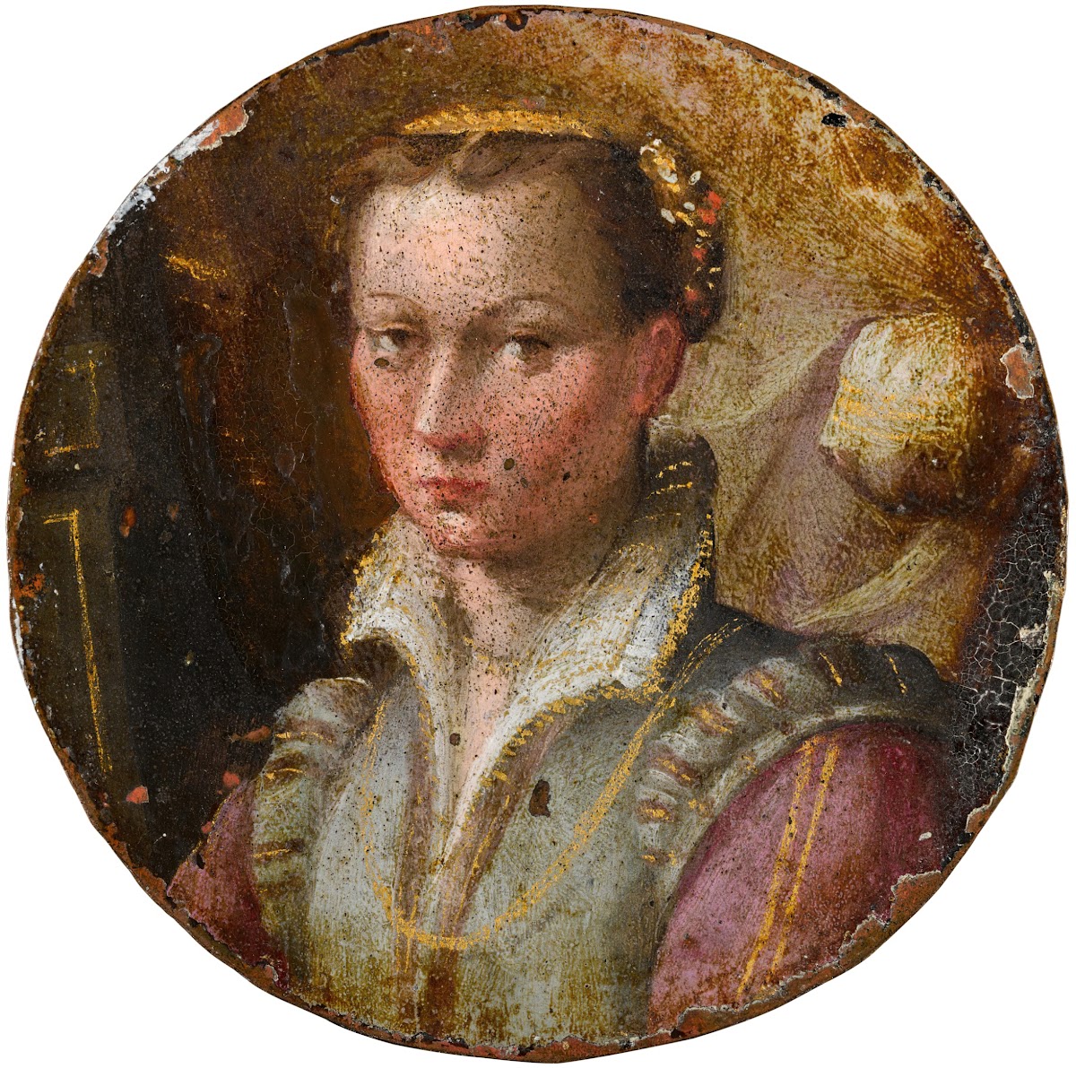 Portrait of a young woman bust length in a green dress with pink sleeves