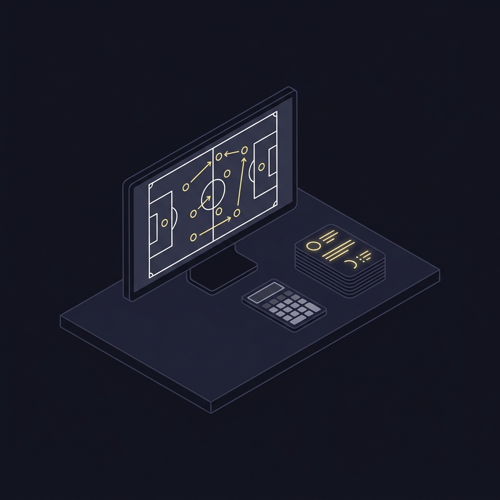 Minimalist vector analytics desk with match view on screen calculator and scenario modelling widgets in Funded Plays colors for six nations betting article