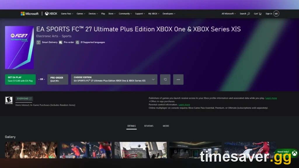 EA SPORTS FC 27 Ultimate Plus Edition Xbox store pre-order page showing the $149.99 price