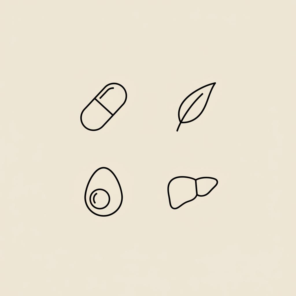 Minimal Tonum-style vector illustration of a capsule, tea leaf, egg, and small liver icon on beige background representing liver supplements for weight loss