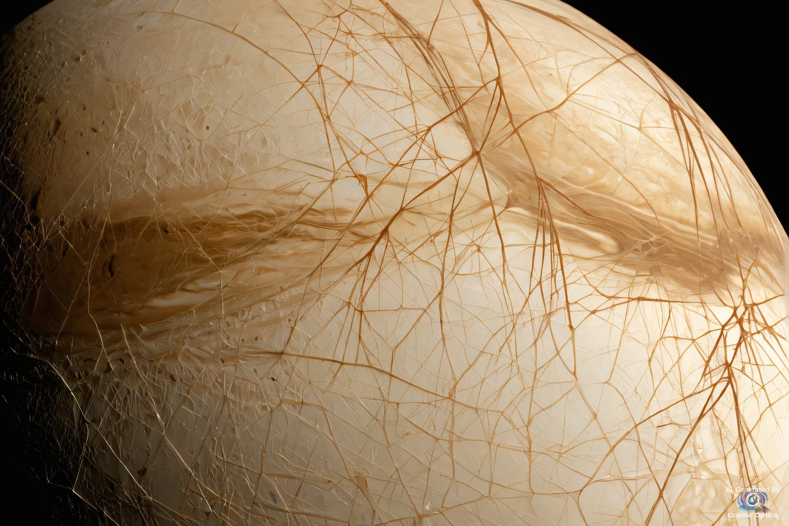 An authentic, photorealistic astronomical photograph of Jupiter's moon Europa in deep space. A highl_00014