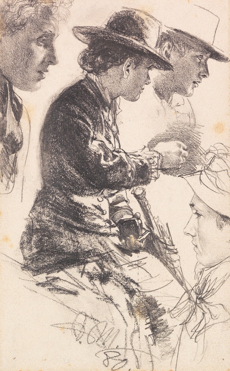 Studie einer sitzenden Dame mit Hut Schirm und Geldbörse 1880