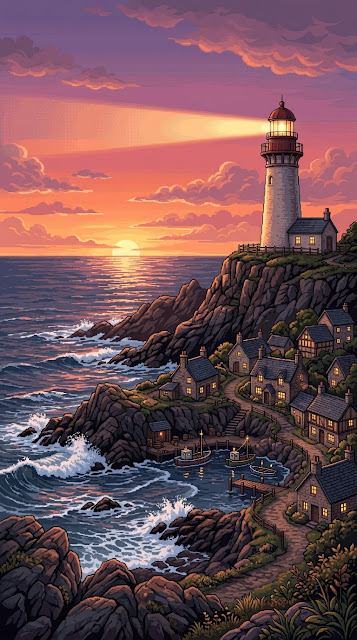 Coastal Sunset with Lighthouse and Glowing Seaside Cottages - Free mobile Wallpaper