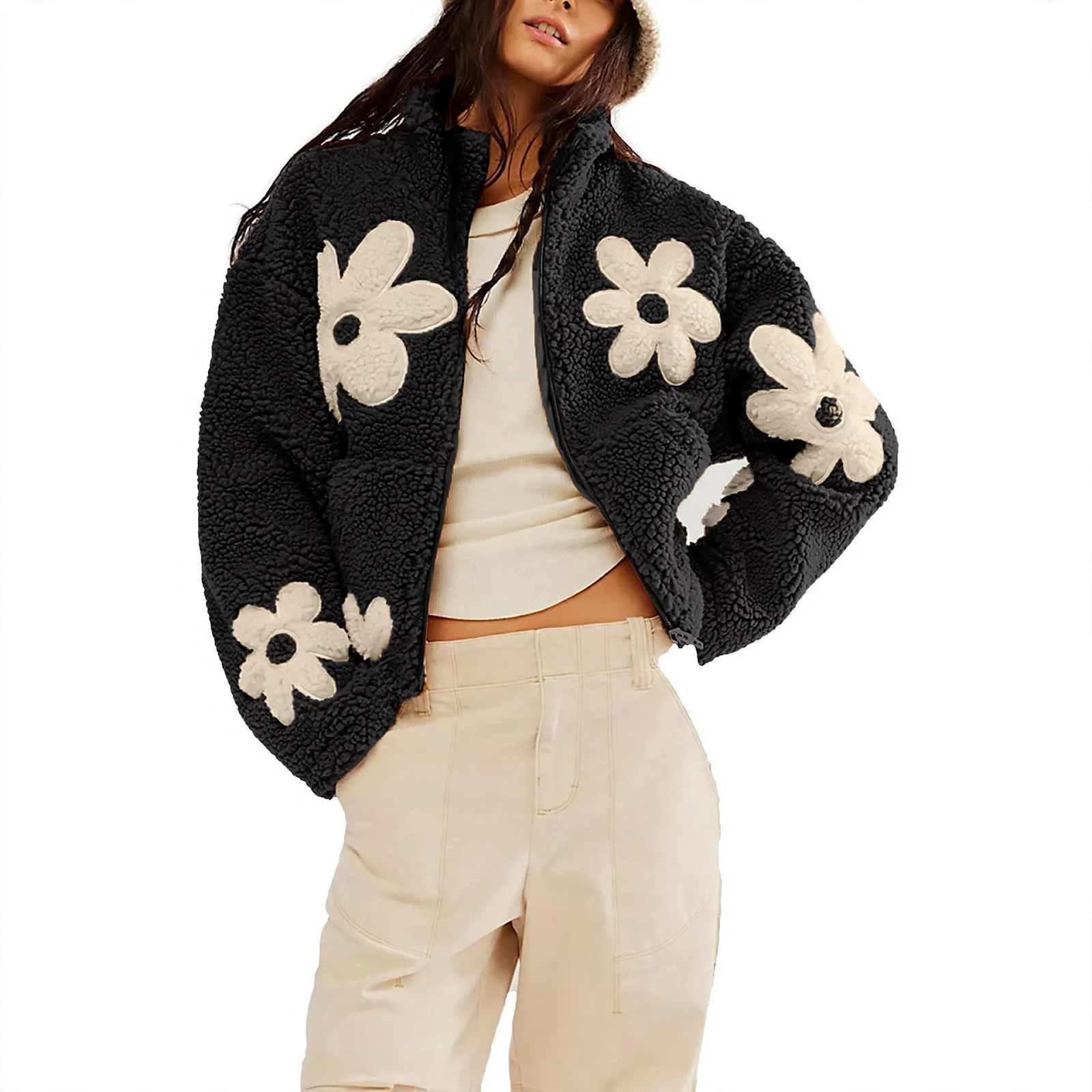 Faux lambswool knitted jacket with floral embroidery