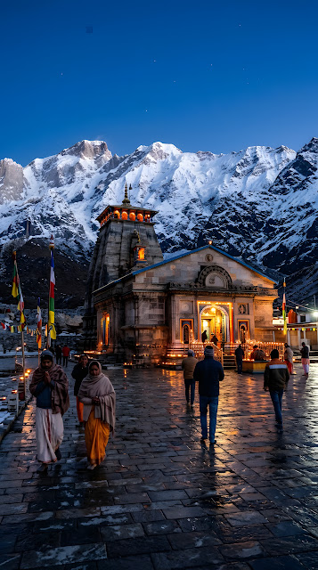 High-Detail Photography of Kedarnath Temple Under a Snowy Mountain at Blue Hour - Free mobile Wallpaper