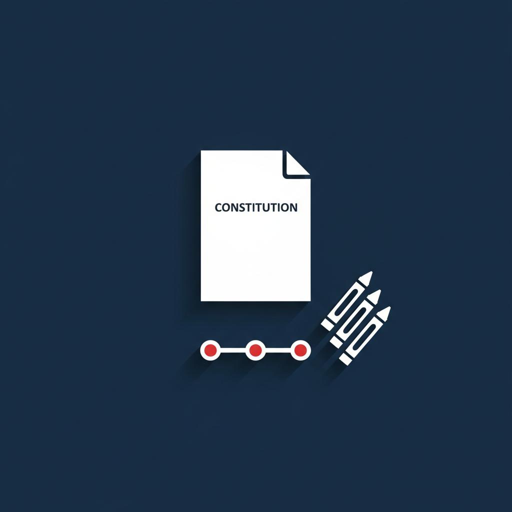 Minimalist 2D vector infographic of a classroom table with one page constitution excerpt icons crayons and a timeline chart in Michael Carbonara color palette us constitution for dummies