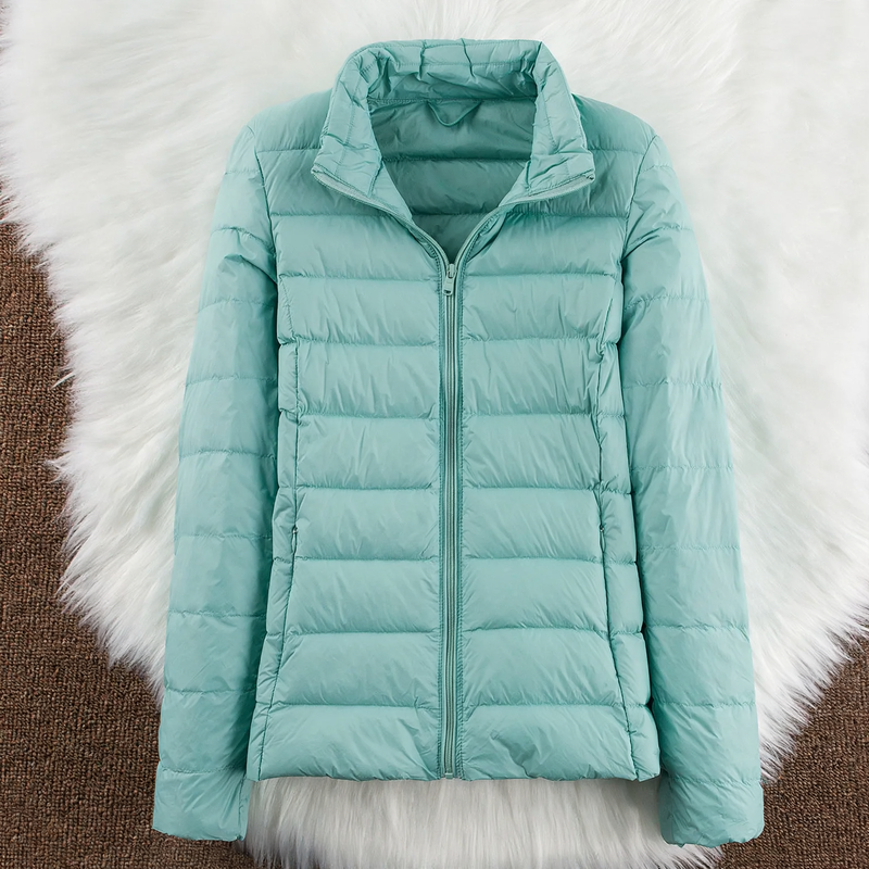 Lightweight women's down jacket with hood and stand-up collar