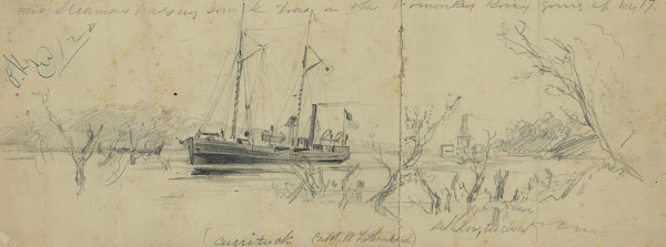 Our Steamers passing sunken trees in the Pomonkeysic River going up May 17th 186