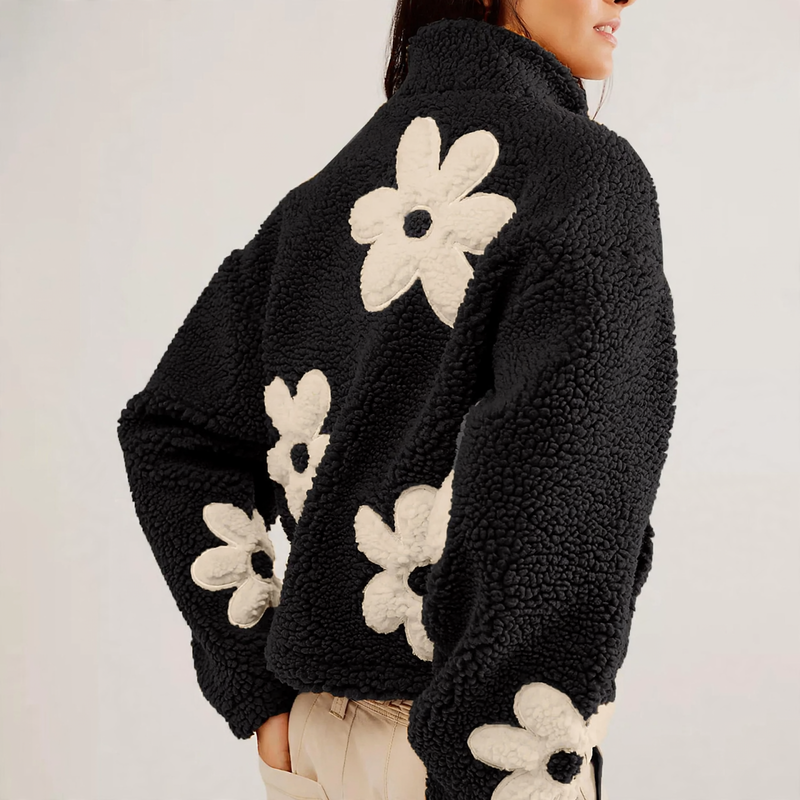 Faux lambswool knitted jacket with floral embroidery
