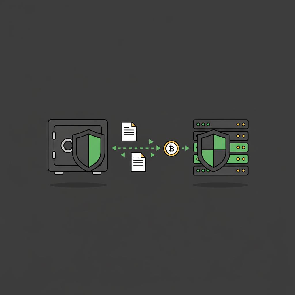 Minimal 2D vector showing two secure vault icons exchanging a document and a crypto token along a green dotted transfer line on dark background alto crypto ira