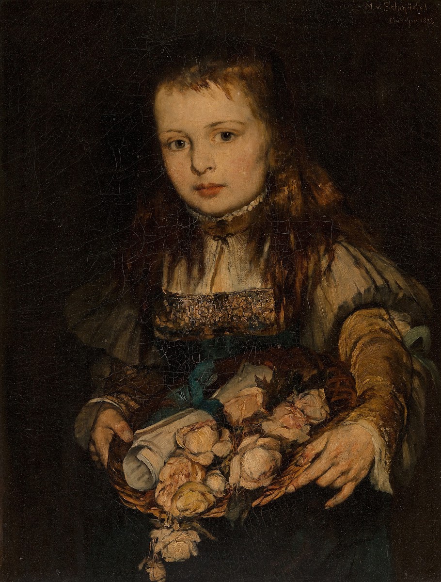 Young girl holding flowers and a document tied with a blue ribbon 1878