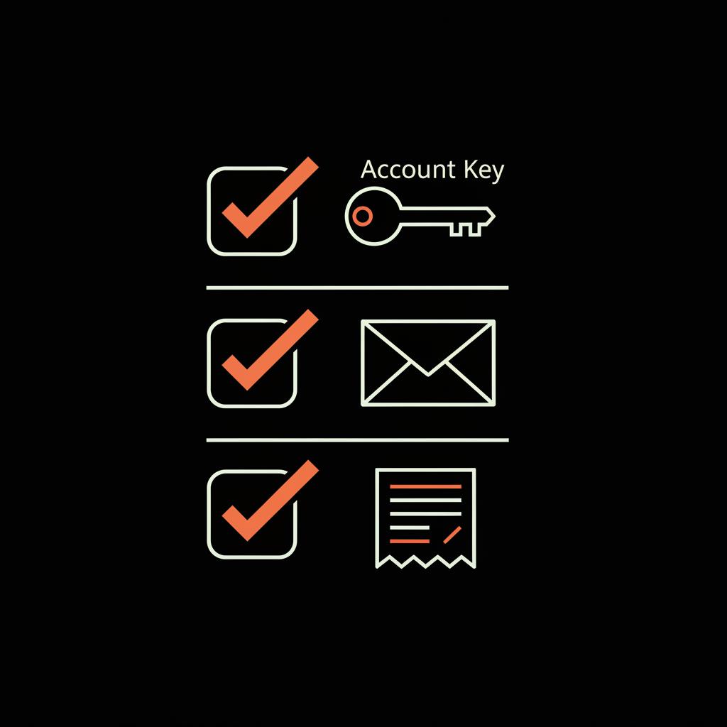 Minimal vector checklist with account key, mail envelope, and billing receipt icons on black background illustrating steps to recover yahoo account without alternate email