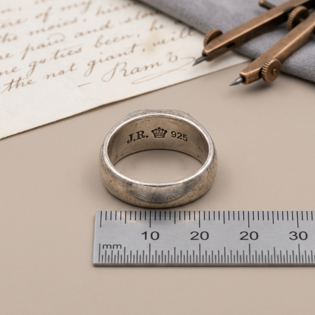 Macro shot of maker marks inside an antique knights templar ring with millimeter ruler for scale and handwritten provenance note on neutral background