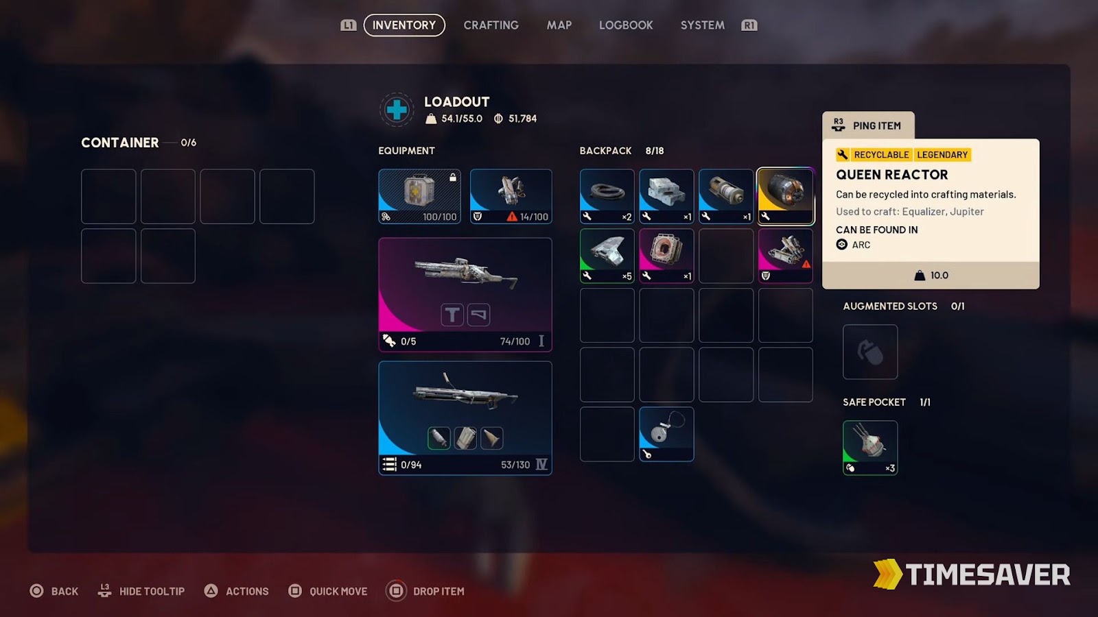 ARC Raiders inventory and backpack screen showing a Legendary ARC crafting material and safe pocket