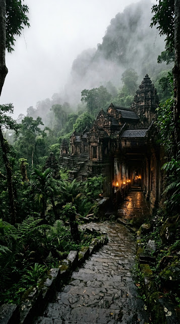Ancient Stone Hindu Temple Shrouded in Misty Forest and Fog - Free mobile Wallpaper