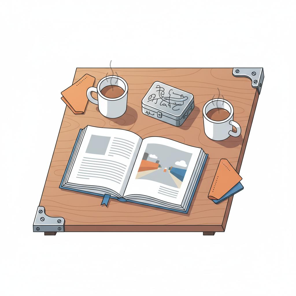Nahaufnahme eines gemütlichen Wohnzimmertisches mit offenem Fotobuch, gravierter Metallbox und Tasse im authentischen, leicht industriellen Stil – lustige geschenke zum 70. geburtstag
