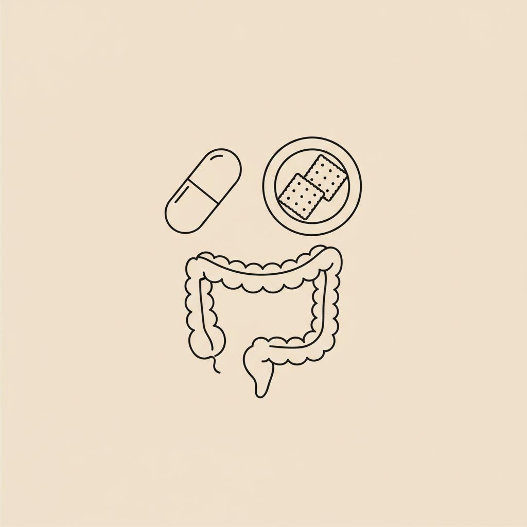 Tonum-style minimalist line illustration of a capsule, small plate with crackers, and a stylized intestine curve on beige background — does taurine cause diarrhea