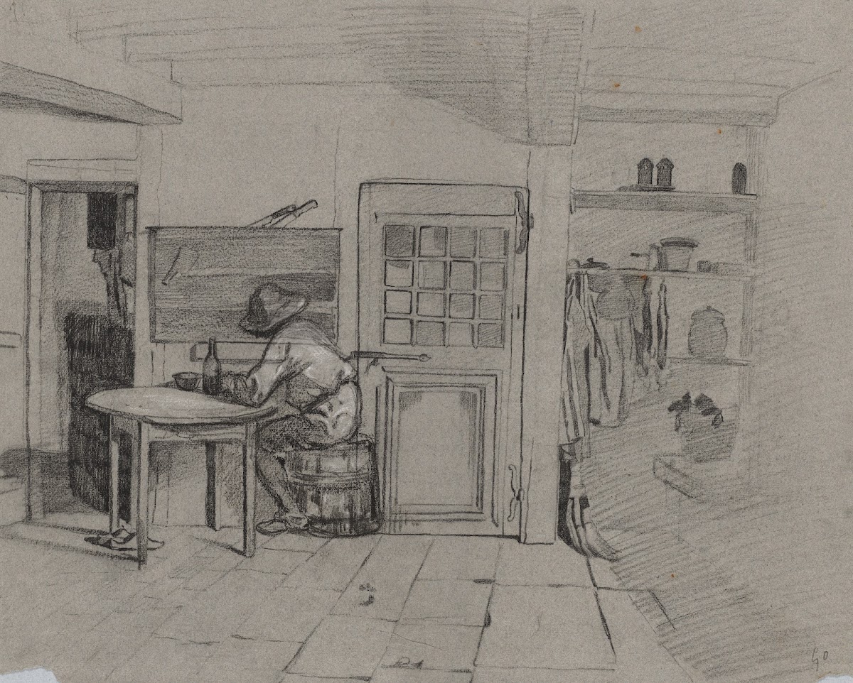 A Farmhouse Interior with a Boy at a Table c 1846